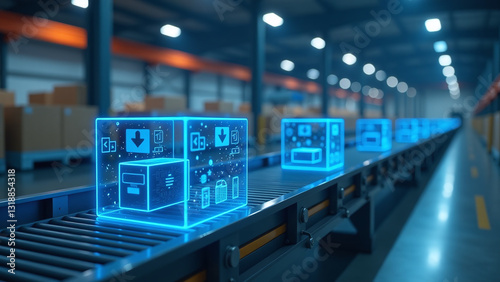 Wallpaper Mural industrial warehouse features glowing blue holographic boxes moving along conveyor belts Torontodigital.ca