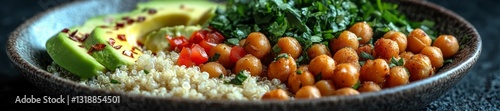 Healthy Vegan Buddha Bowl with Chickpeas Quinoa and Avocado. Generative AI photo