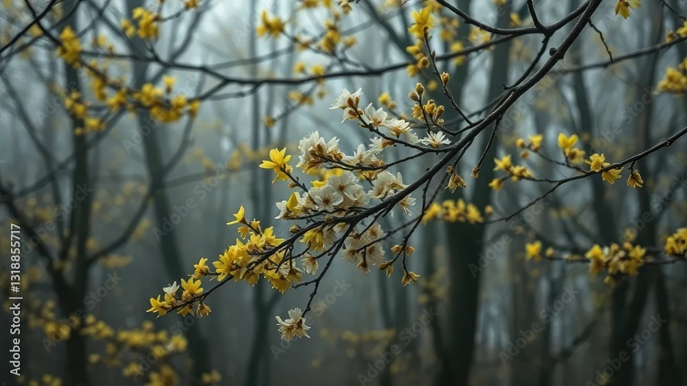 Yellowing dark tree branches with white flowers create an eerie atmosphere against the backdrop of a misty forest, blossom, branch Yellowing dark tree branches with white flowers create an eerie atmosphere against the backdrop of a misty forest, blossom, branch