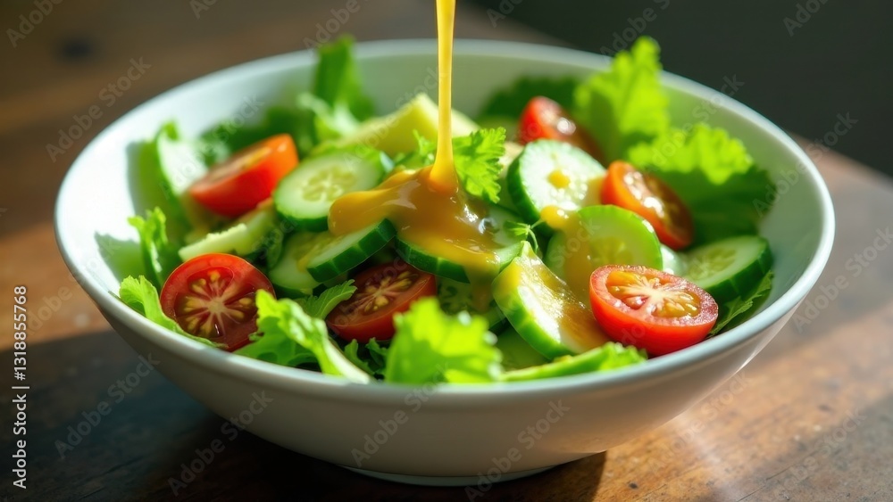 A Fresh and Vibrant Green Salad with Slices of Cucumber and Cherry Tomatoes, Dressed with a Golden Yellow Dressing A Fresh and Vibrant Green Salad with Slices of Cucumber and Cherry Tomatoes, Dressed with a Golden Yellow Dressing