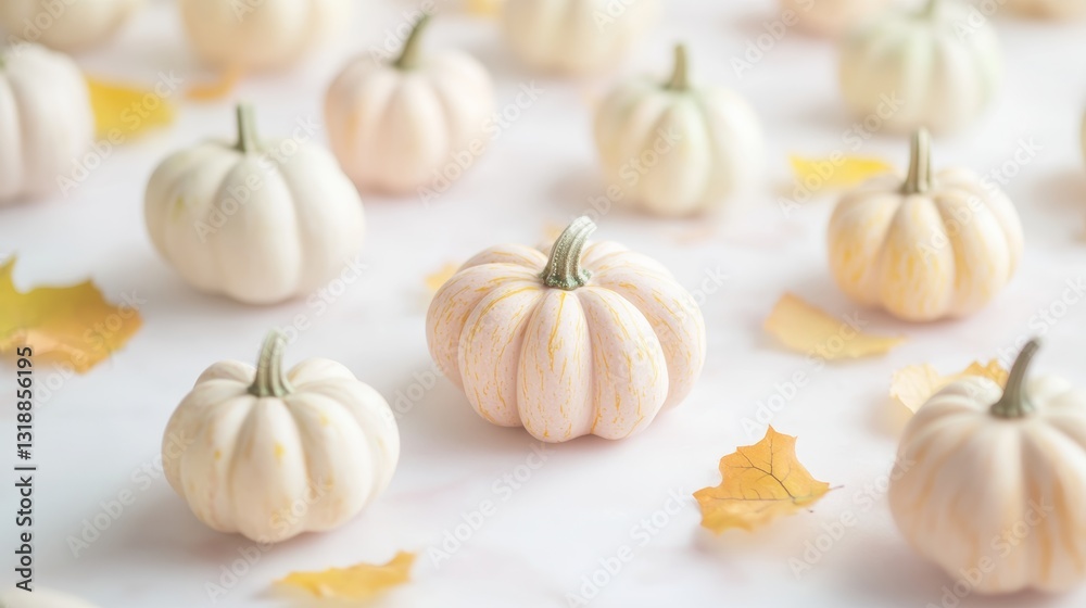 Fototapeta premium Elegant pastel gourds and fall leaves on white