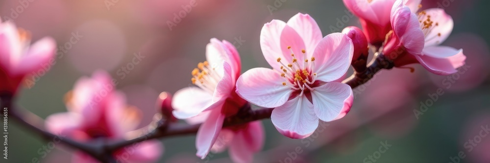 Naklejka premium White and pink petals unfolding on cherry stems, blooming, stem