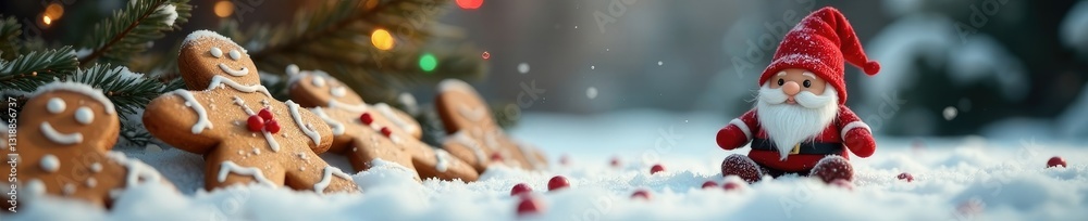 Fototapeta premium Whimsical gnome sits on snowy ground amidst gingerbread cookies, gingerbread, red, cookies