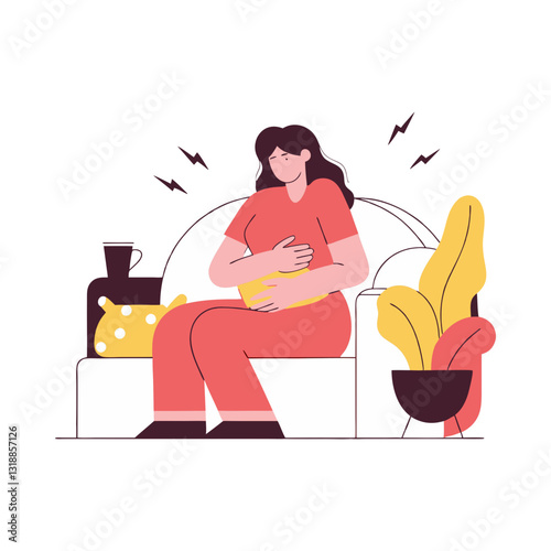 Vector illustration of a woman sitting on a couch, holding her stomach in discomfort. Concept of stomach pain, indigestion, or menstrual cramps.