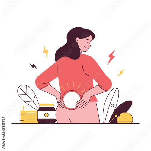 Vector stylized illustration of a woman experiencing lower back pain, surrounded by natural remedies. Modern, health-focused, and wellness design.