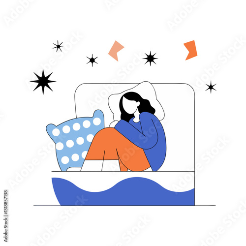 Vector stylized illustration of a woman sitting in bed, feeling sad and lonely at night. Modern, emotional, and introspective design.