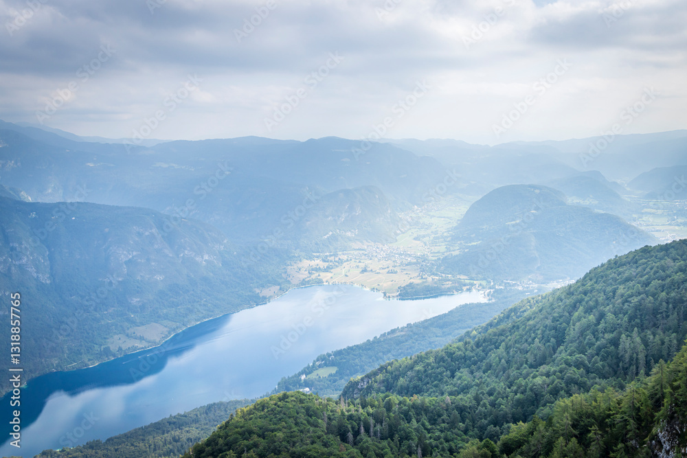Fototapeta premium View from gondola car at Bohinj lake at Vogel ski resort in Triglav National Park in Slovenia during summertime