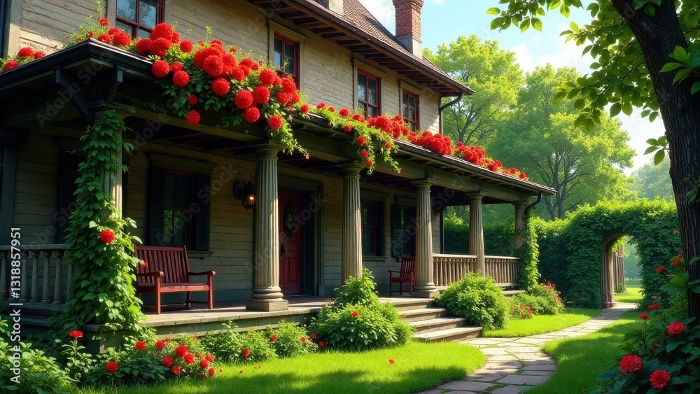 Fototapeta premium Serene Victorian Home with Lush Red Flower Canopy and Winding Stone Path