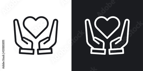 Heart and hands icon set in black and white stroke lines