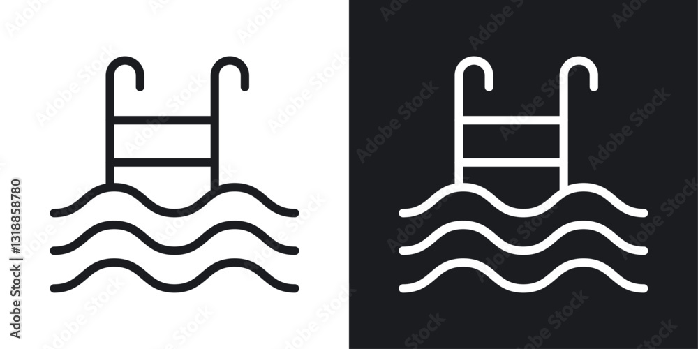 Ladder in swimming pool icon set in black and white stroke lines Ladder in swimming pool icon set in black and white stroke lines