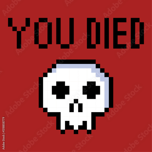 Pixel art "You Died" skull on red background, Pixel Art Skull, 'You Died' Message, Red Background, Retro Style, Game Over Symbol, pixel art.