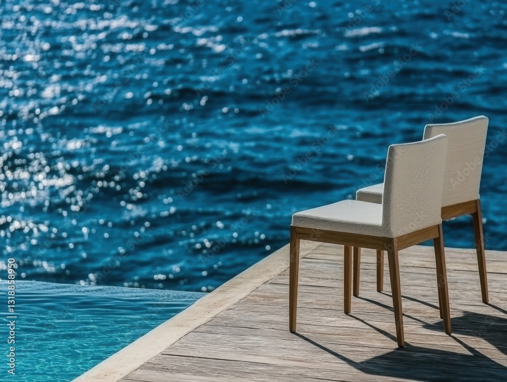 Two modern dining chairs with light wood legs & cream linen cushion, placed on the edge of an infinity pool, overlooking ocean. Sunlight reflects off the sea's surface, creating sparkling reflection Two modern dining chairs with light wood legs & cream linen cushion, placed on the edge of an infinity pool, overlooking ocean. Sunlight reflects off the sea's surface, creating sparkling reflection
