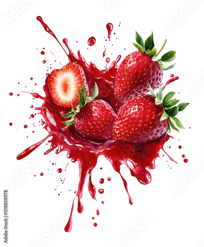Fresh strawberries exploding in juice splash, vibrant red backdrop