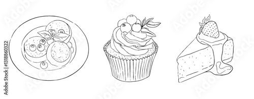 A selection of coloring pages for different desserts. Vector illustration