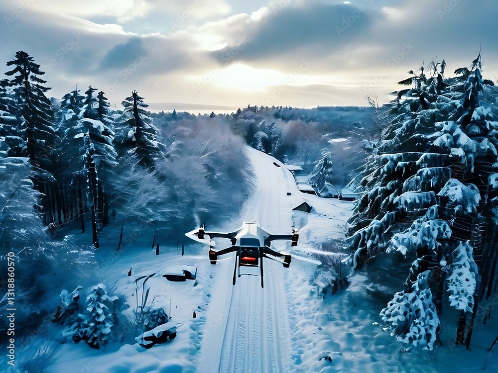 Obraz premium Drone Flying Over a Snowy Forest Road