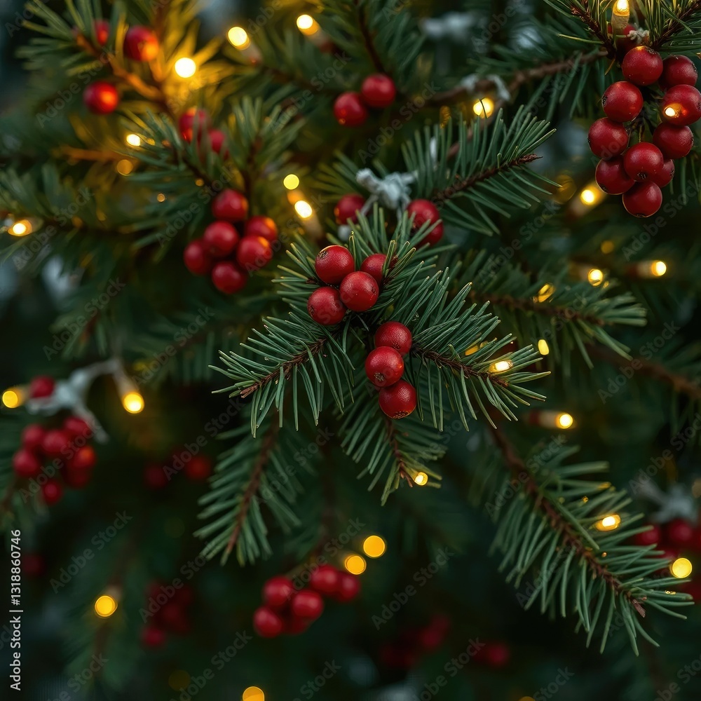 Pine branches are adorned with twinkling lights and mistletoe in a cozy scene, cozy, winter, pine branch Pine branches are adorned with twinkling lights and mistletoe in a cozy scene, cozy, winter, pine branch