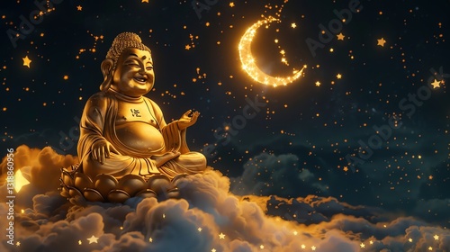 A golden laughing Buddha statue sits on a cloud with a glowing crescent moon and twinkling stars behind him.