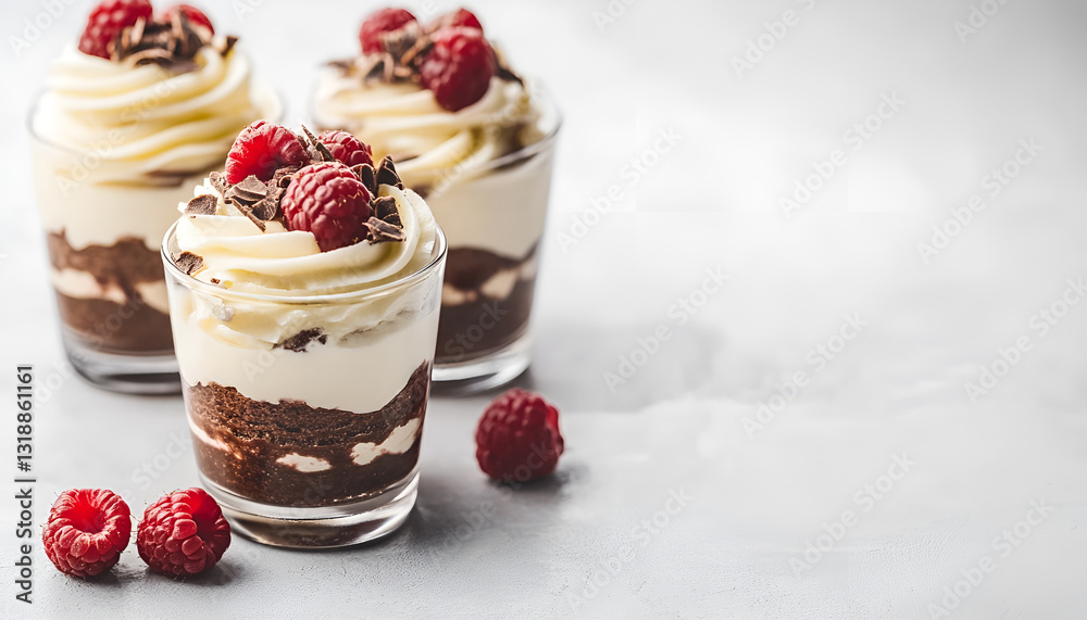 Chocolate dessert in glasses with raspberries. Chocolate mousse or pudding in portion glasses with fresh berries, copy space Chocolate dessert in glasses with raspberries. Chocolate mousse or pudding in portion glasses with fresh berries, copy space