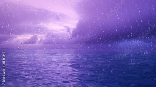 Purple Rain Pours Over The Ocean Under A Cloudy Sky