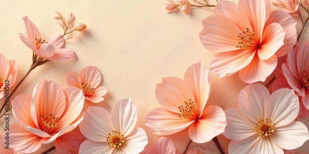 Delicate Peach Blossoms Arranged on a Soft Beige Background, Creating a Serene and Elegant Floral Composition Ideal for Invitations or Greeting Cards Delicate Peach Blossoms Arranged on a Soft Beige Background, Creating a Serene and Elegant Floral Composition Ideal for Invitations or Greeting Cards