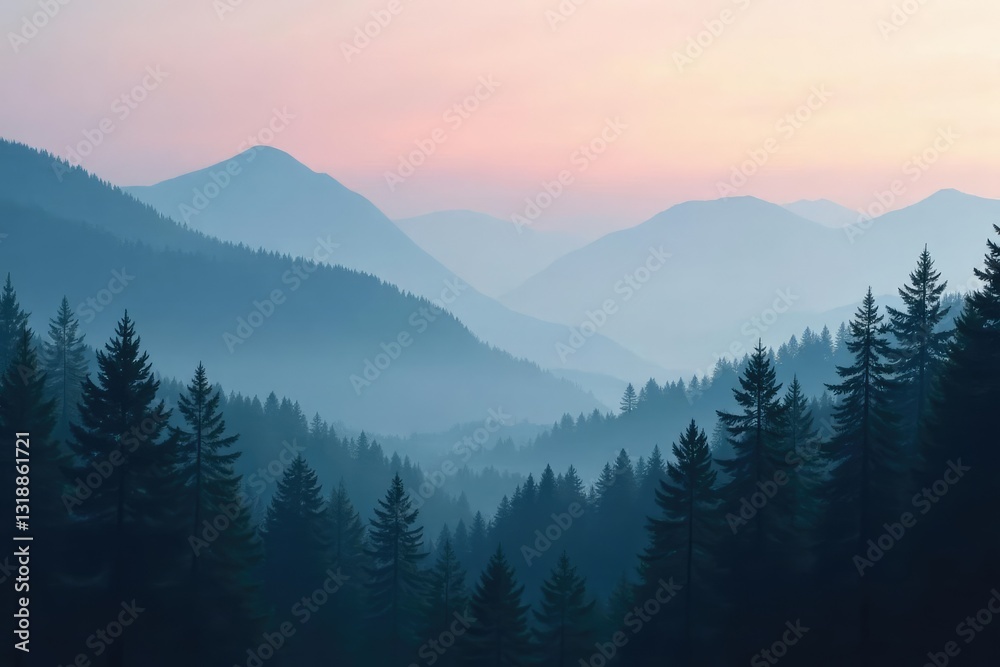 Obraz premium Misty forest dawn - Soft grey fog envelops conifers, mountain landscape,