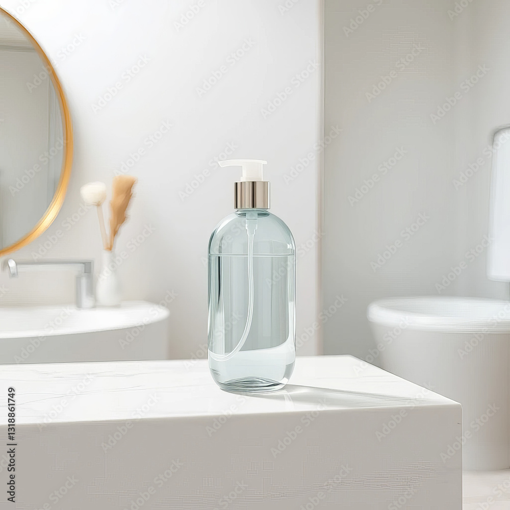 Generative AI Modern Bathroom Liquid Soap Dispenser Still Life soap dispenser liquid soap bathroom countertop modern minimalist white marble mirror gold frame sink toilet pump clear bottle Generative AI Modern Bathroom Liquid Soap Dispenser Still Life soap dispenser liquid soap bathroom countertop modern minimalist white marble mirror gold frame sink toilet pump clear bottle