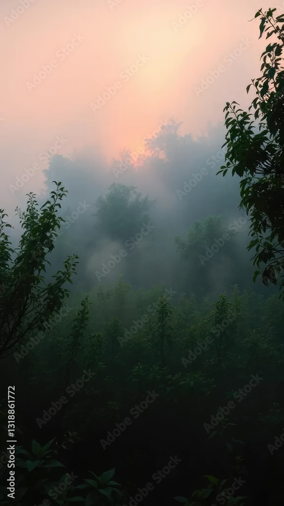 Obraz premium Misty dawn breaks through delicate green foliage, misty, darkness