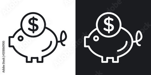 Piggy bank icon set in black and white stroke lines