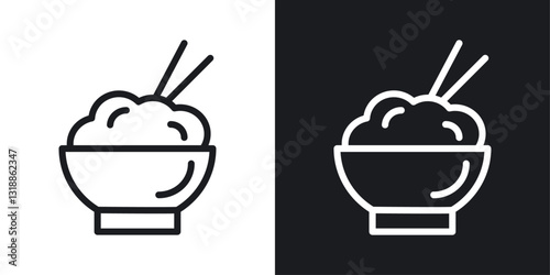 Rice bowl icon set in black and white stroke lines