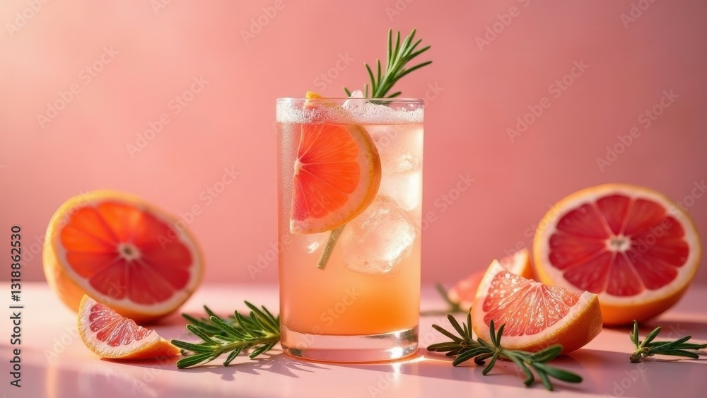 Refreshing Pink Citrus Beverage with Rosemary Garnish on a Light Pink Background Refreshing Pink Citrus Beverage with Rosemary Garnish on a Light Pink Background