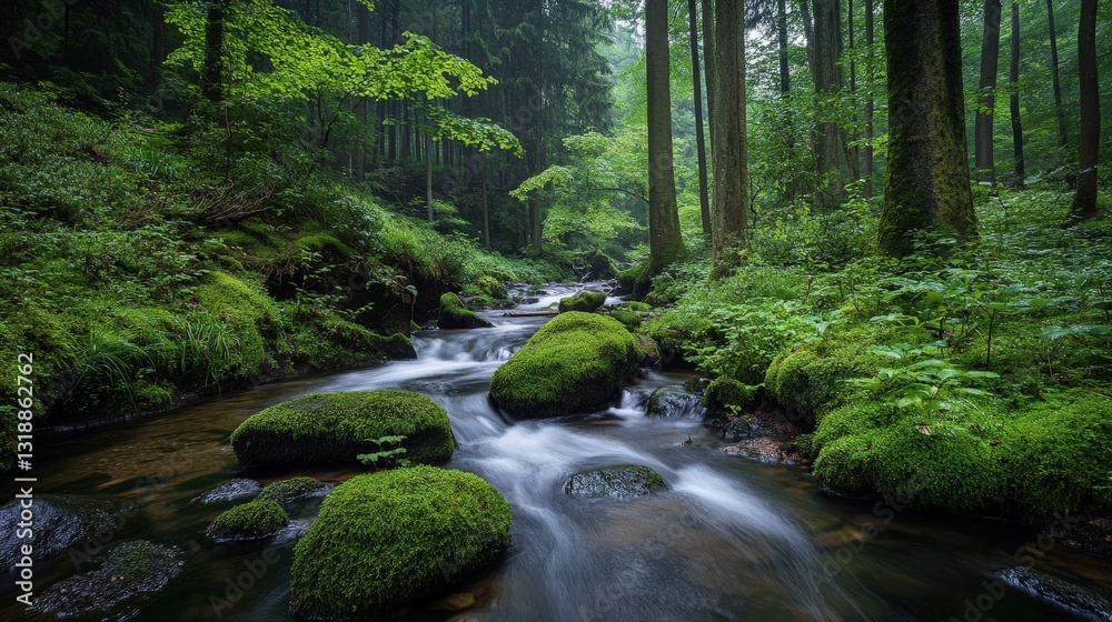 Obraz premium A serene forest scene featuring a flowing stream, moss-covered rocks, and lush greenery, evoking a sense of tranquility and connection with nature.