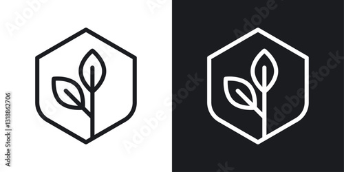 Shield with leafs icon set in black and white stroke lines