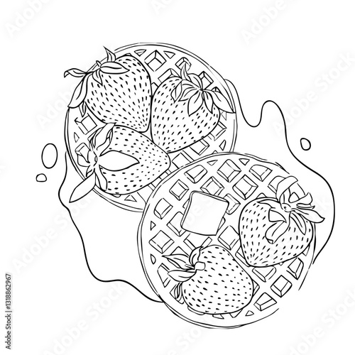 Coloring book waffles with strawberries. Vector illustration