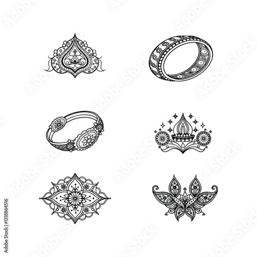 A set of mehndi design silhouette vector isolated on white background