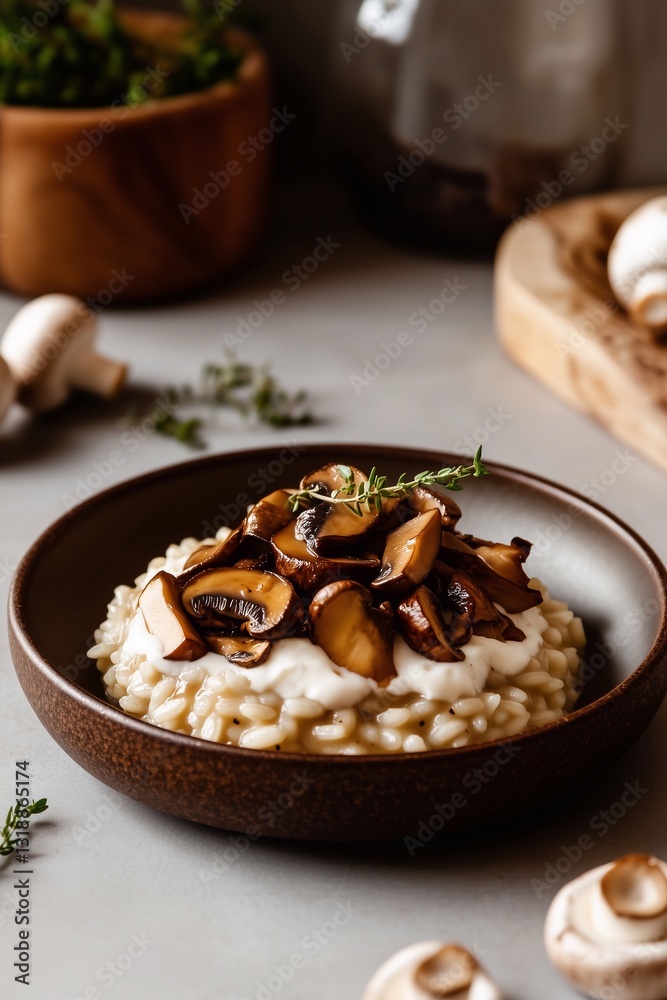 Porcini mushroom risotto served on an earthy-toned plate, topped with creamy sauce and fresh herbs. Warm, rustic food photography with soft natural lighting. Generative AI. Porcini mushroom risotto served on an earthy-toned plate, topped with creamy sauce and fresh herbs. Warm, rustic food photography with soft natural lighting. Generative AI.