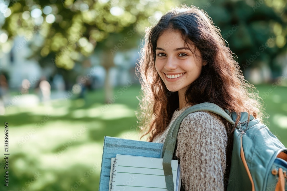 Student with backpack and books, smiling at camera. Positive, cheerful university or school scene. Student with backpack and books, smiling at camera. Positive, cheerful university or school scene.