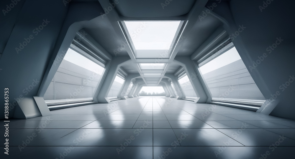 Sleek, empty corridor with white pillars and bright skylight. Modern architectural design with tiled floor creates a futuristic, clean, and spacious interior. Sleek, empty corridor with white pillars and bright skylight. Modern architectural design with tiled floor creates a futuristic, clean, and spacious interior.