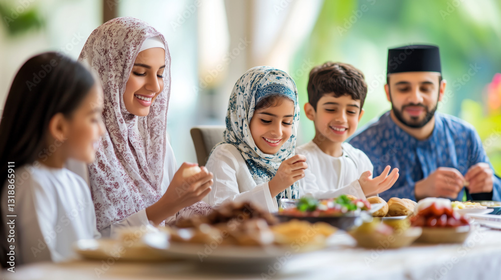 A joyful family gathered around a table, breaking their fast with traditional dishes and dates during Iftar, sharing a warm and festive Ramadan evening. A joyful family gathered around a table, breaking their fast with traditional dishes and dates during Iftar, sharing a warm and festive Ramadan evening.