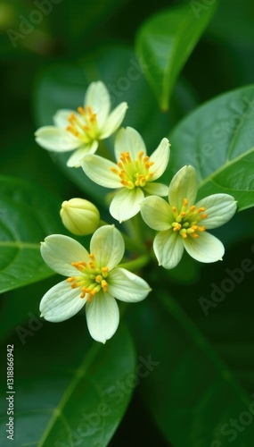 Delicate feijoa flowers on green leaves background, nature, green, flowers