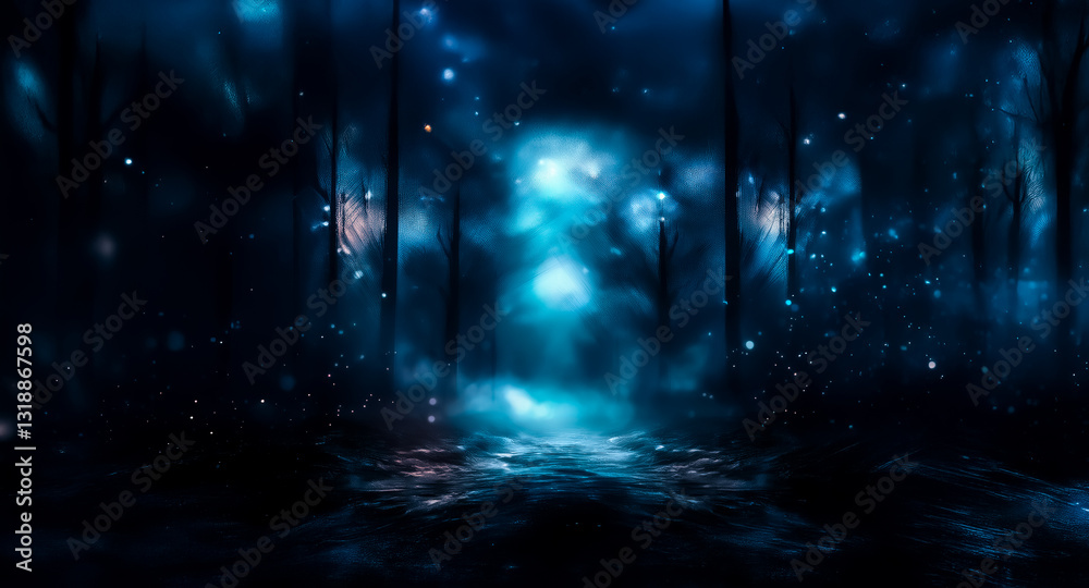Fototapeta premium Mysterious dark scene with blue light emanating from the center, creating a moody and atmospheric ambiance. Looks like a surreal nighttime forest.