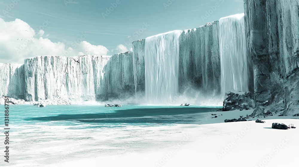Fototapeta premium Frozen Waterfall Winter Landscape with Icy Cliffs and Snow