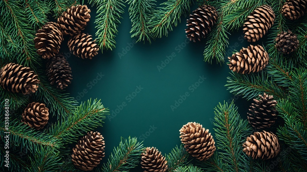 Naklejka premium Evergreen Branches and Pine Cones Form a Festive Circular Composition