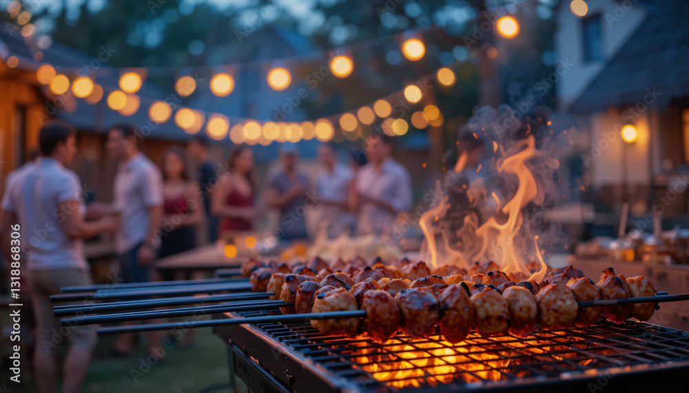 Festive Barbecue Scene with Grilling Meat and Warm Evening Lights Festive Barbecue Scene with Grilling Meat and Warm Evening Lights