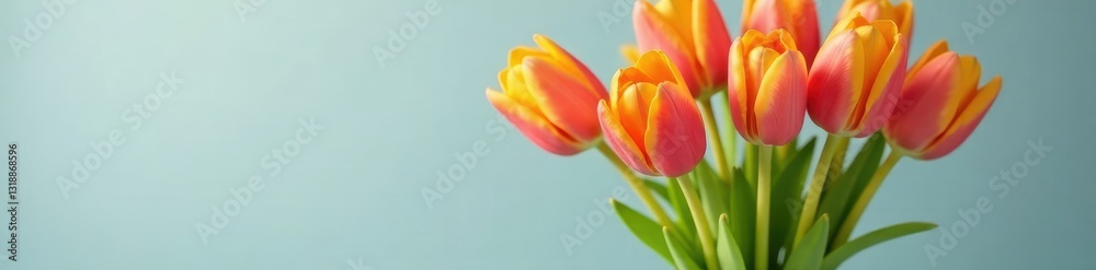 Brightly colored tulips in a modern clear glass vase, clear, contemporary Brightly colored tulips in a modern clear glass vase, clear, contemporary