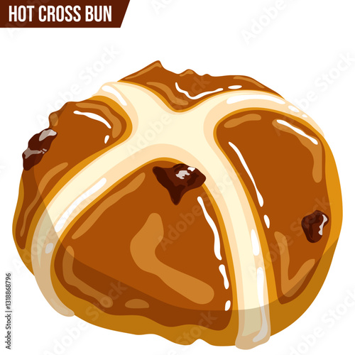 Hot Cross Bun Isolated. Festive Easter Dessert Cartoon Graphic