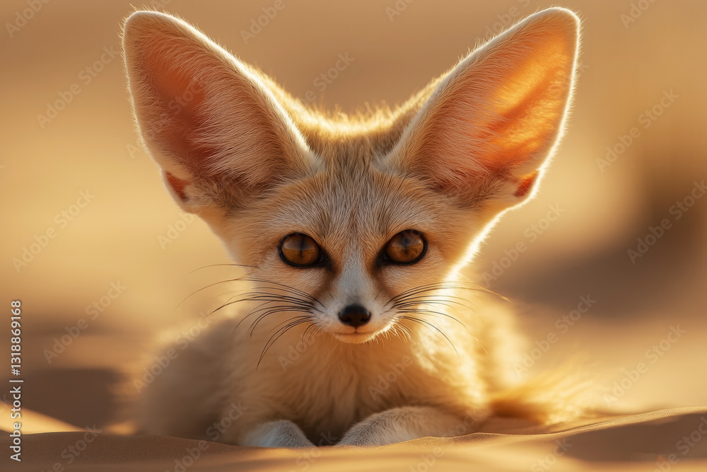 Fototapeta premium A fennec fox lying on the sand with soft fur, large ears and expressive eyes