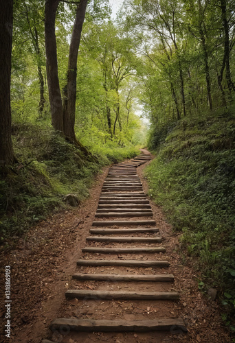 Generative AI Forest Steps to Light, Outdoor Hike forest steps path trail wood nature green trees woodland outdoors adventure peace escape exploration  - Ideal for ads.