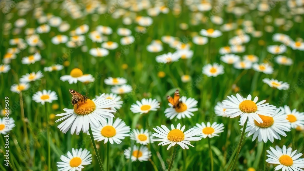 Fototapeta premium A field of daisies with a few bees and butterflies visiting, daisies, grass, field