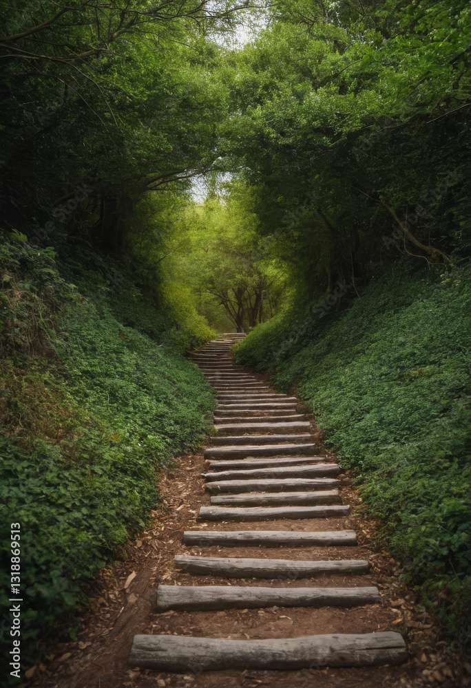 Fototapeta premium Generative AI Forest path staircase, nature's upward journey forest path stairs wooden nature green foliage trees tunnel landscape journey tranquility escape growth adventure