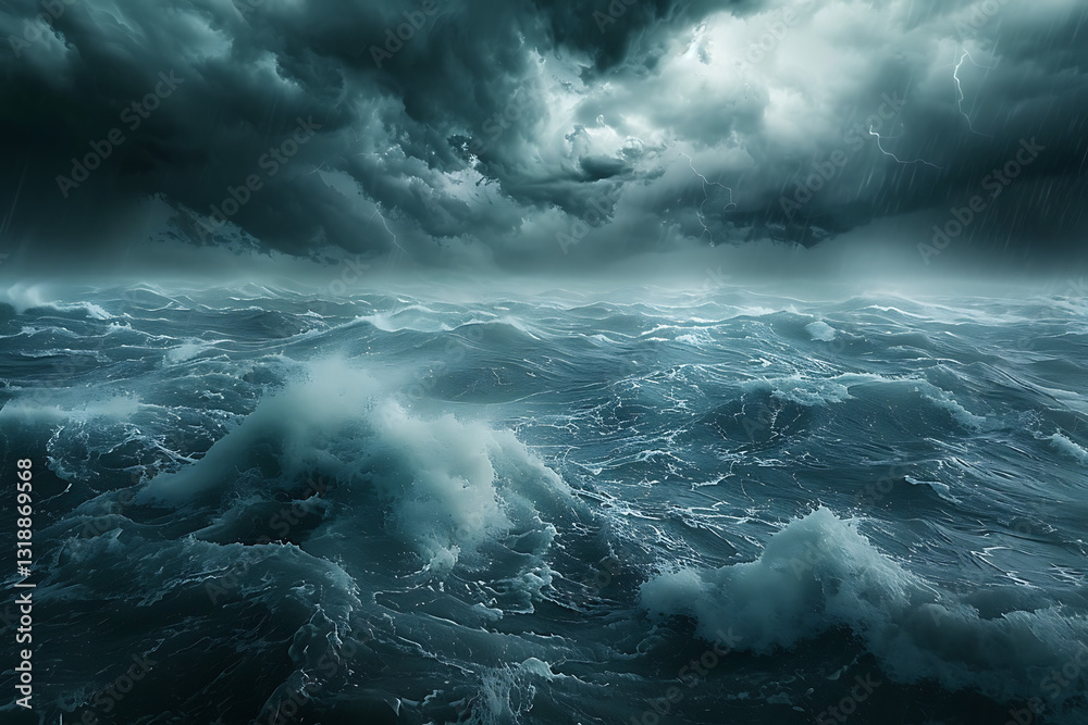Obraz premium Dramatic stormy ocean waves under dark cloudy sky, powerful sea turbulence, extreme weather, raging sea storm, natural disaster, moody seascape, wild ocean, hurricane, marine danger.